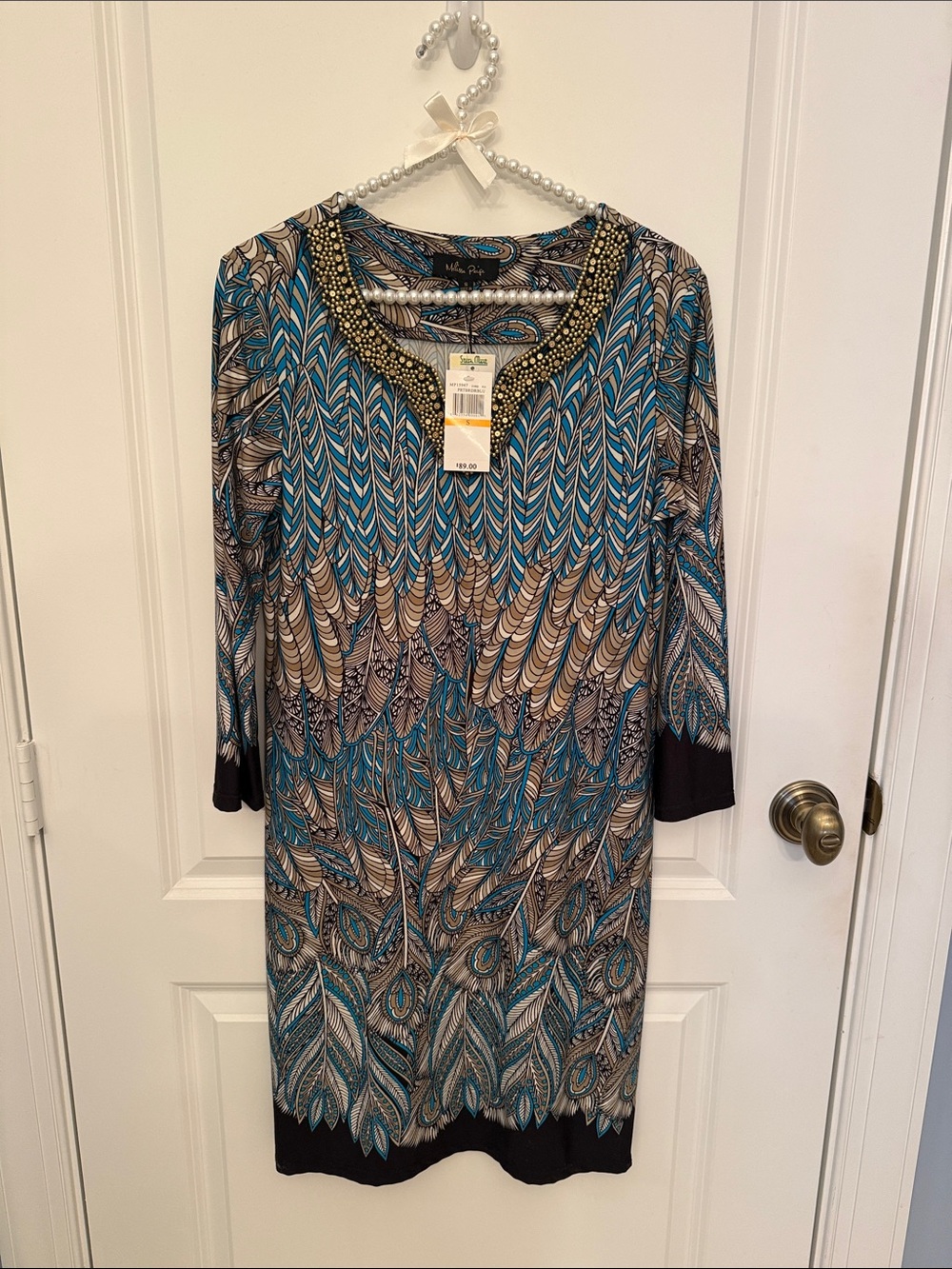 Melissa Paige Teal & Beige Beaded-Neckline Feather-Print Midi Dress